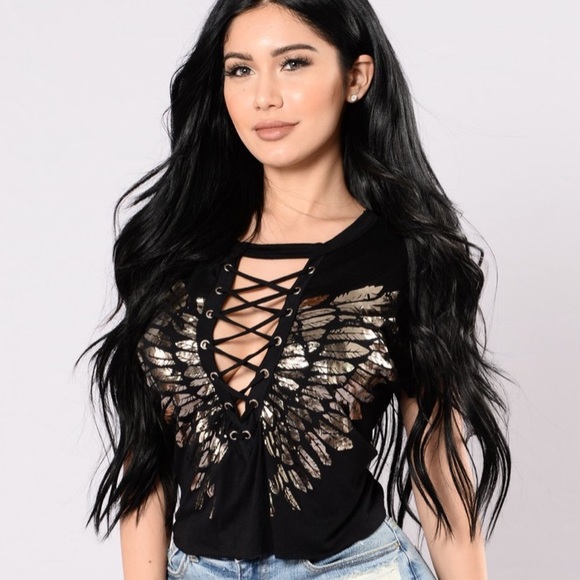 🧡3/$30 Fashion Nova Lace-up Metallic Wing Crop - Picture 1 of 9